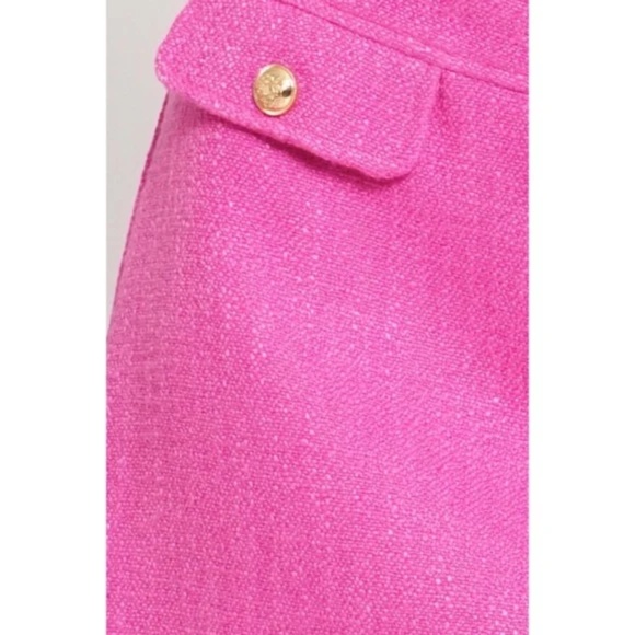 Valentines Day Hot Pink Tweed Faux Pocket Woven Button Mini Skirt - Picture 4 of 4